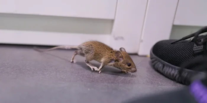 Mouse scamping past human foot